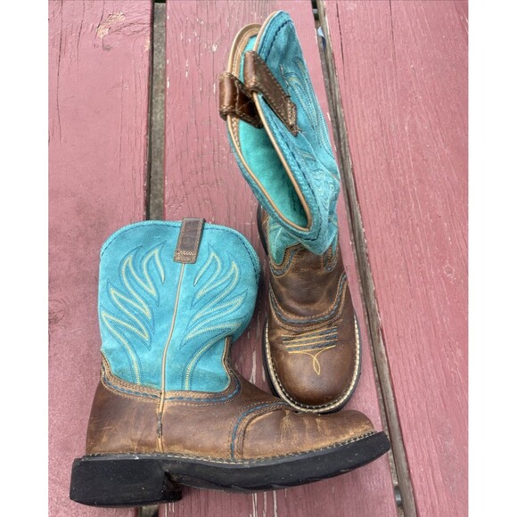 ARIAT Women's Leather Mid-Calf Boots Embroidered Western Teal Brown Size 7.5 B - Picture 1 of 13